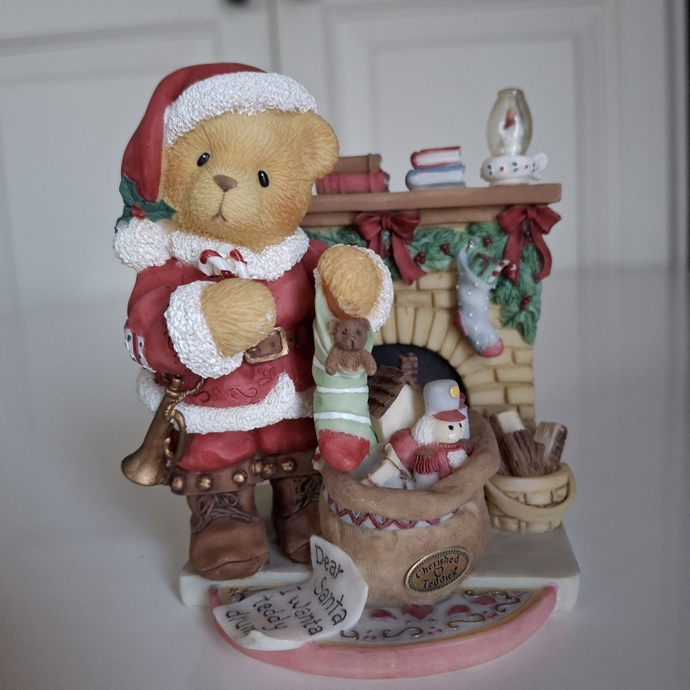 Cherished Teddies Red and White Holiday Bear with Fireplace